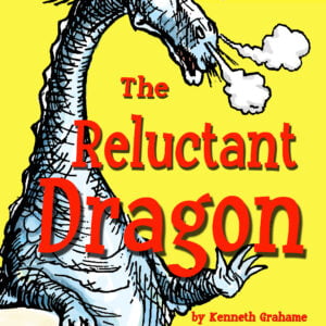Quantum Theatre - The Reluctant Dragon. An illustrated dragon puffs smoke from his nostrils on a yellow background.