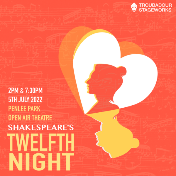 An orange background with with sheet music superimposed. A heart shape has the silhouette of a lady's head cut out of it. Text reads "Twelfth Night".
